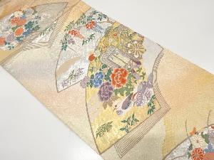 アンティーク　地紙に御所車・鴛鴦・草花模様織り出し袋帯（材料）